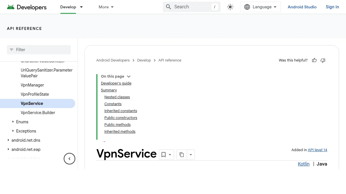 Почему Hiddify не работает в 2026 году: 8 причин и решения: изображение из источника Android Developers: VpnService